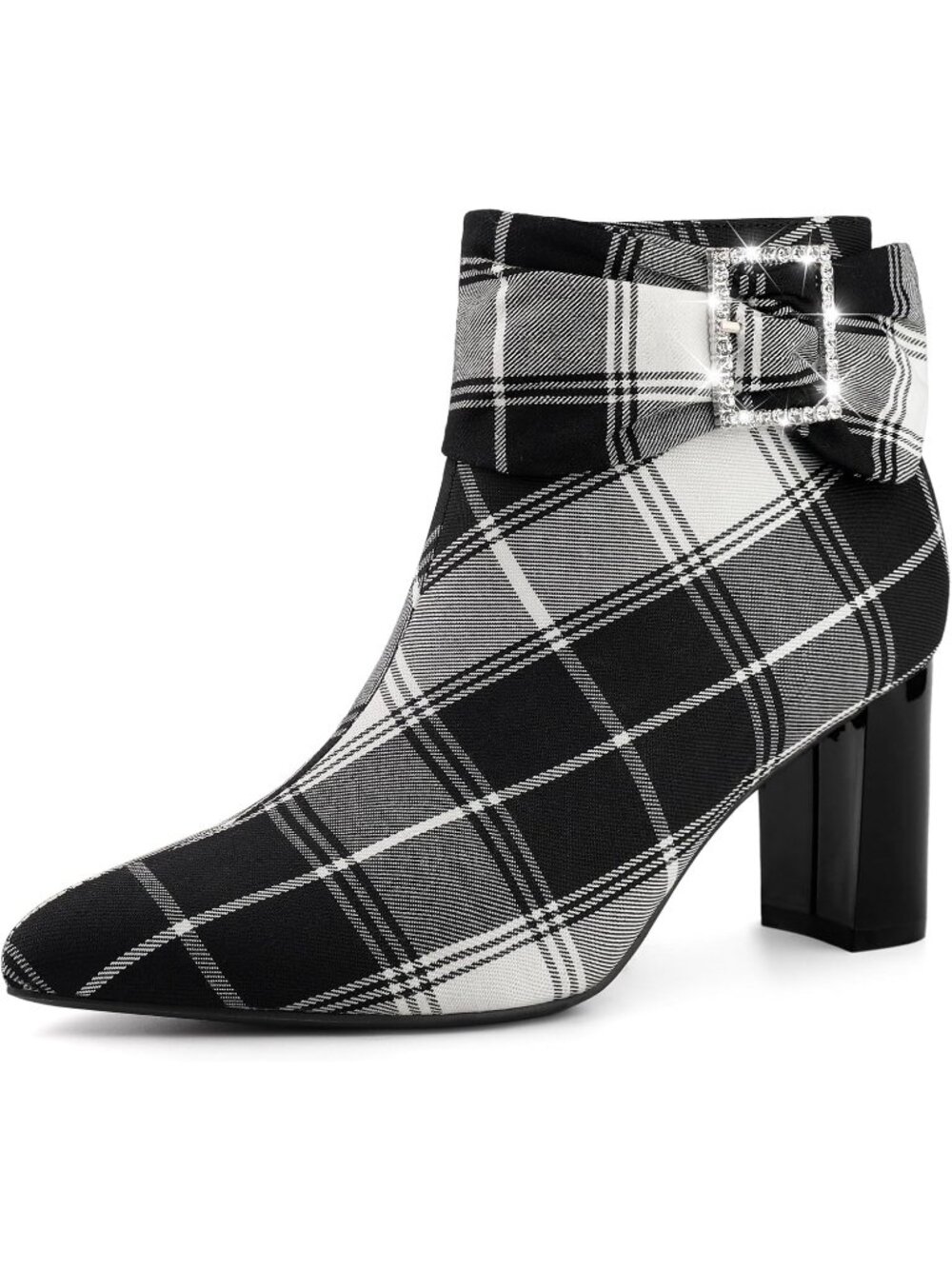 Women's Black Pointy Toe Rhinestone Bow Zipper Chunky Heels Casual Ankle Boots